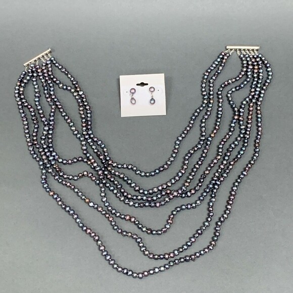 7 Graduated Strands Beaded Gray Purple Multicolor Necklace Earrings Set - Picture 8 of 12
